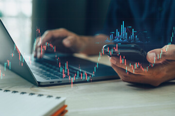 Business finance technology and investment concept, Man typing keyboard on laptop or computer.