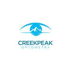creek peak optometry logo, sky mountain river and sun combine to be eye vector