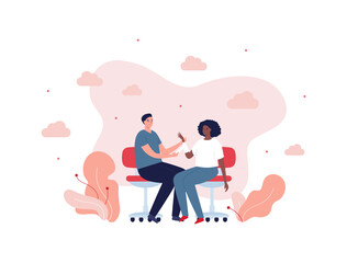 Healthcare and trauma treatment concept. Vector flat people illustration. Male doctor or nurse bandages hand of african female patient sitting on chair. Design for hospital infographic.