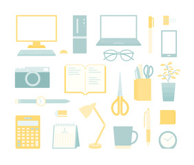 パソコンやスマホ等のビジネス関連のイラストセット　シンプル　仕事　デスク　PC　文房具　オフィス