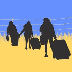 Flag of Ukraine. Illegal entry of citizens to country. Refugees near barbed wire fence. Concept illustration.