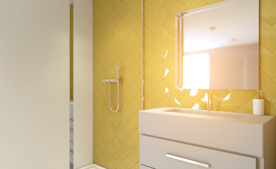 Modern bathroom including bath and sink. 3D rendering.. Sunset.