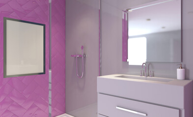 Modern bathroom including bath and sink. 3D rendering.. Mockup.   Empty paintings