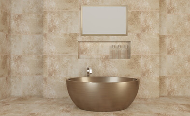 Clean and fresh bathroom with natural light. 3D rendering.. Mockup.   Empty paintings
