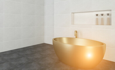 Clean and fresh bathroom with natural light. 3D rendering.. Sunset.