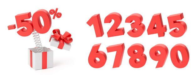 Discount jumps out of the open gift box. Gift box with red ribbon and bow. Set the number for the sale template. isolated on white background. 3d render