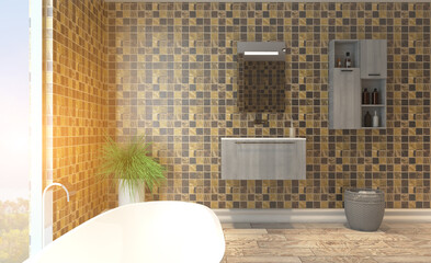 Modern bathroom including bath and sink. 3D rendering.. Sunset.