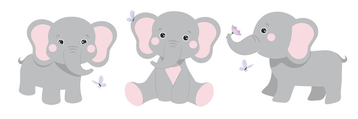 Vector illustration cute and beautiful elephant on white background. Charming character sitting in different poses , butterflies flying around and a side view with a flower in cartoon style.