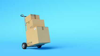 Hand truck with cardboard boxes on blue background. Moving house concept. Relocation, cargo delivery, logistics and distribution. Warehouse. Minimal composition. 3d illustration. 3d render. - obrazy, fototapety, plakaty
