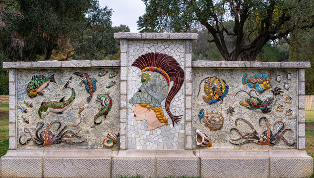Nice, France, February 2022. Mosaics at Colline du Chateau Nice, Athena and the sea creatures. They were all designed by Charles Catherin, the city architect, and assembled by Honor&eacute; Gilly in the 1960