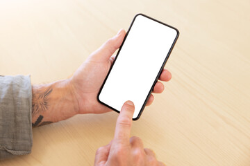 Man using mobile phone, blank screen mockup