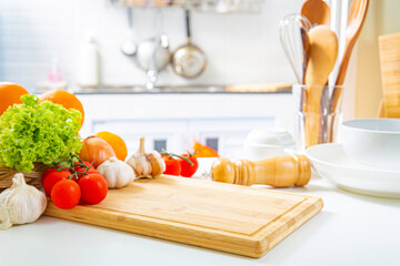 Empty Wood table on blur kitchen window background for panoramic banner
