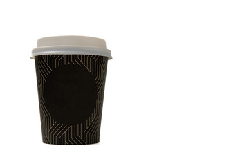 A brown portable coffee cup with a blanck space in the middle. Close up image of glass of delicious and freshly brewed brown takeaway coffee with a white lid on a white background leaving copy space.