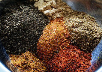 Trikatu spices and herbs: ginger, nutmeg, coriander, black, cayenne pepper, cloves. Ayurvedic tradition.