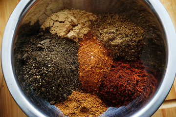 Trikatu spices and herbs: ginger, nutmeg, coriander, black, cayenne pepper, cloves. Ayurvedic tradition.