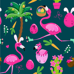 Flamingo Easter egg hunt party - Funny cartoon flamingos, palm trees and eggs. Cute cactus, characters. Hand drawn doodle set for kids. For textiles, nursery, wallpapers, wrapping paper, clothes.