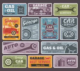 Vintage car, auto service, garage and gasoline station posters. Rusty, old gas station signs vector illustration set. Metal car service banners