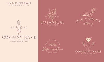 Botanical Floral element Hand Drawn Logo with Wild Flower and Leaves. Logo for spa and beauty salon, boutique, organic shop, wedding, floral designer, interior, photography, cosmetic.