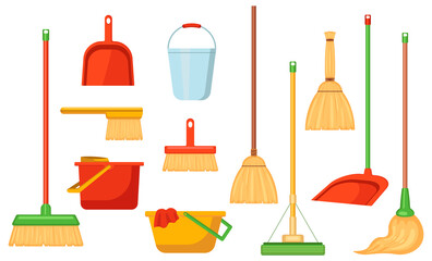 Cleaning tools for housework set. Vector illustrations of plastic housekeeping equipment. Cartoon broom mop sweeper squeegee bucket dustpan pail isolated on white. Cleanup, service, hygiene concept - obrazy, fototapety, plakaty