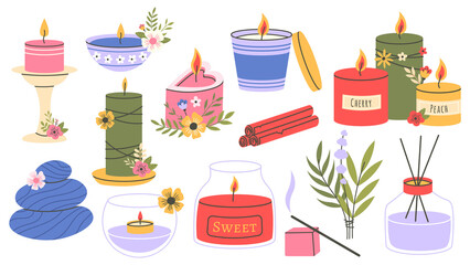 Scented candles, aromatherapy wax lit candles, cozy home accessory. Paraffin aroma therapy decorative candles vector illustration set. Cartoon aromatic candles