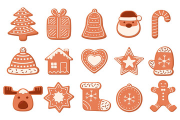 Gingerbread cookies set. Vector illustrations of sweet homemade snacks with icings for winter holidays. Cartoon cute ginger biscuits of different shapes isolated on white. Christmas, dessert concept