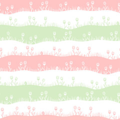 Cute hand drawn Easter horizontal seamless pattern with bunnies, flowers, easter eggs, beautiful background, great for Easter Cards, banner, textiles, wallpapers - vector design