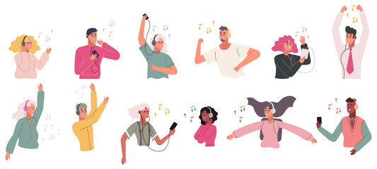 People listening music in earphones and headphones. Happy human character enjoying audio vector illustration set. Adults dancing in headphones © WinWin