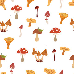 Mushrooms seamless pattern. Forest background. Autumn harvest, healthy food. Perfect for printing, textiles, wrapping paper.  Vector illustrations