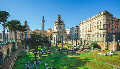 Panorama of The Church of the Most Holy Name of Mary at the Trajan Forum and Trajan's Column in...