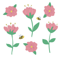 Set of cute flat style pink flowers and bees. Vector elements isolated on white background. Botanical illustration for fabric design, greeting card, decoration, scrapbooking and much more.