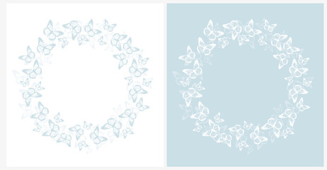 Simple Hand Drawn Vector Illustrations with Wreath made of Butterfies. Elegant Vector Print ideal for Wall Art,Poster,Card. Delicate Butterflies Isolated on a White and Light Blue Background. No Text.