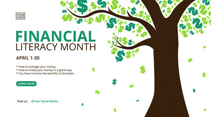 April is financial literacy month background design with a profit tree illustration - obrazy, fototapety, plakaty