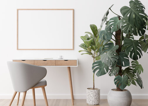 Empty horizontal picture frame on white wall in modern room. Mock up interior in contemporary style. Free space, copy space for your picture, poster. Desk, chair, plants, parquet floor. 3D rendering.