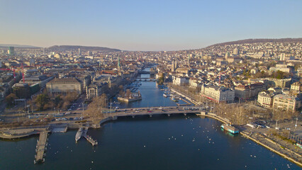 Aerial view of City of Zürich with river Limmat, the medieval old town and lake Zürich on a sunny spring afternoon. Photo taken March 4th, 2022, Zurich, Switzerland.