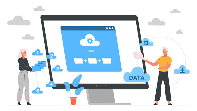 Online storage, cloud hosting, hardware platform technology concept. Network online cloud services vector illustration. Cloud technology it specialists concept