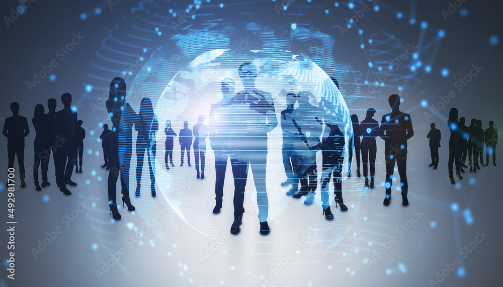 Poster backlit group of businesspeople standing on light background with glowing digital global network hol