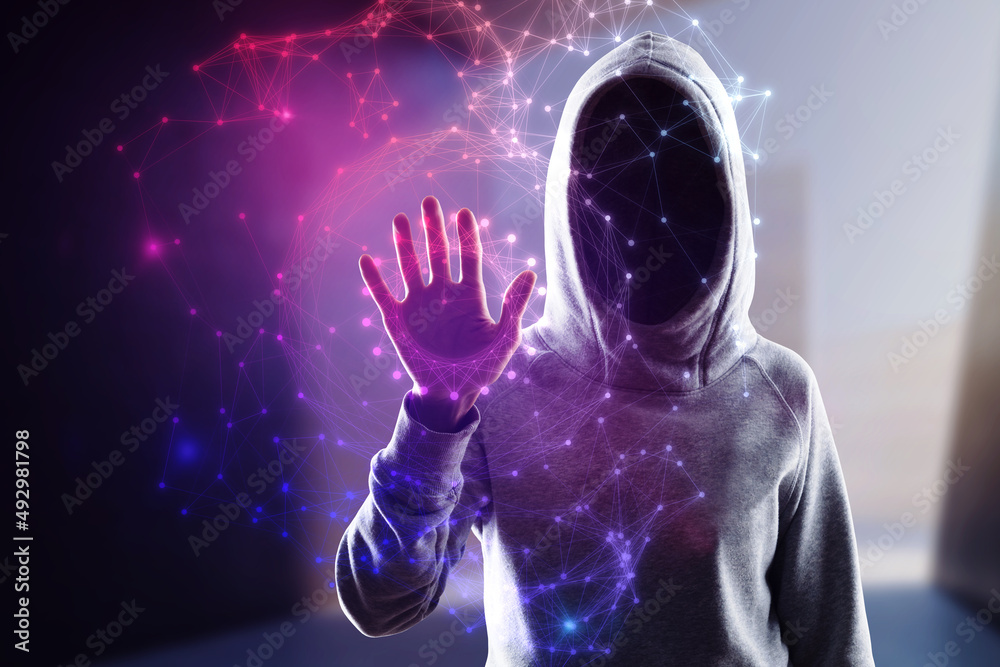 Poster Hacker using abstract polygonal circles interface on blurry purple background. Metaverse and future concept.