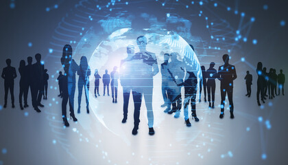 Backlit group of businesspeople standing on light background with glowing digital global network...