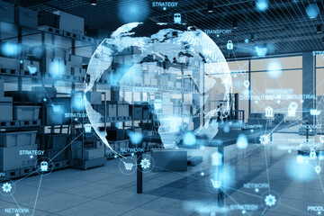 Abstract digital logistics, delivery and transportation hologram with globe and network on blurry...