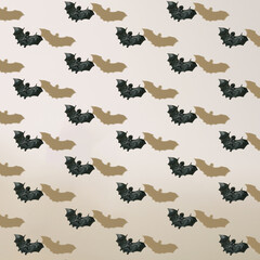 Halloween pattern of black flying bats with shadows on neutral beige background.