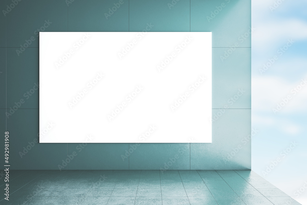 Poster empty modern concrete interior with bright daylight and mock up poster on wall. gallery and living c