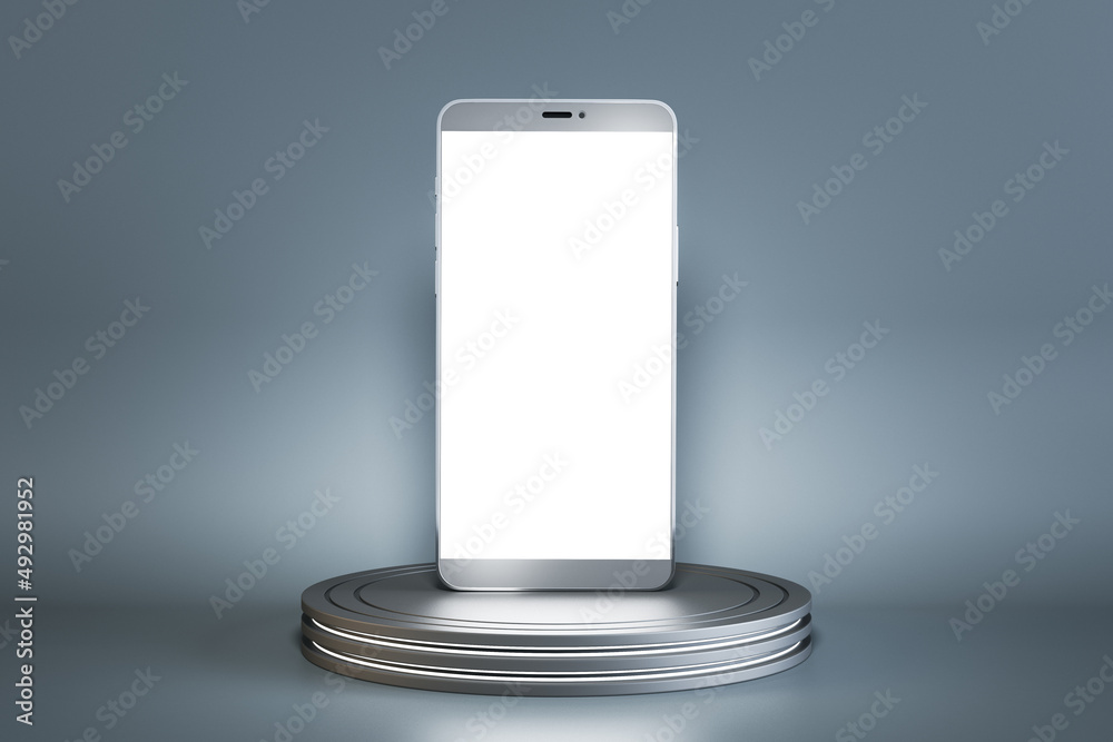 Poster Close up of empty white cellphone on round pedestal on concrete wall background. Mock up place and presentation concept. 3D Rendering.