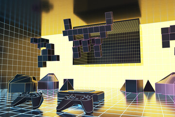 Abstract yellow gaming reality backdrop with joysticks and blocks. HUD, tech and future concept. 3D Rendering. © Who is Danny