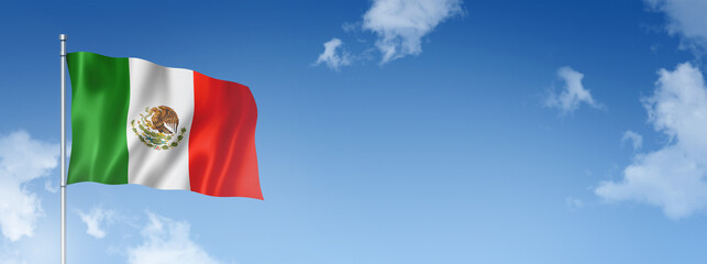 Mexican flag isolated on a blue sky. Horizontal banner