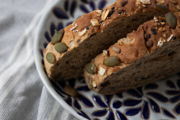 Whole grain bread on white background