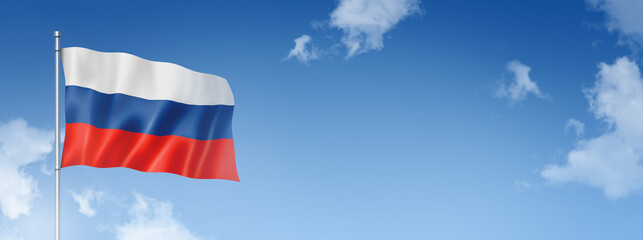 Russian flag isolated on a blue sky. Horizontal banner