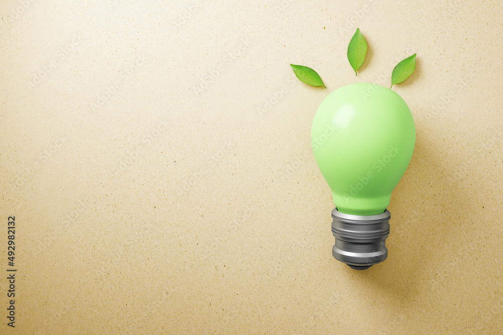 Aufkleber Abstract green lamp on brown background with mock up place. Energy and save concept. 3D Rendering.