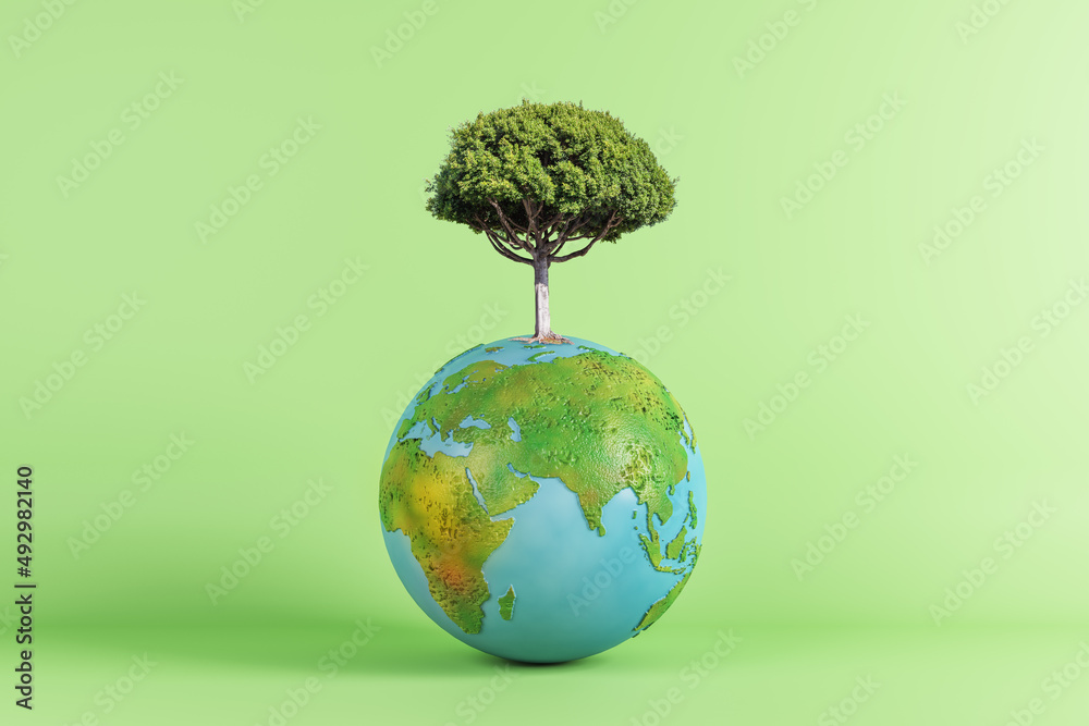 Poster abstract globe with tree on green background. world, earth, ecology and planet concept. 3d rendering
