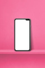 Mobile phone on pink wall shelf. Vertical background