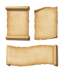 Old Parchment paper scroll set isolated on white with shadow. Horizontal and vertical banners